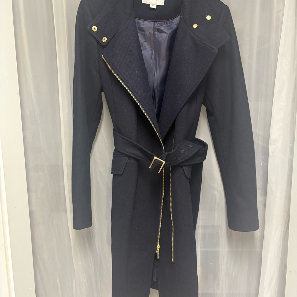 Cole Haan Navy Wool Trench Coat with Gold Accents